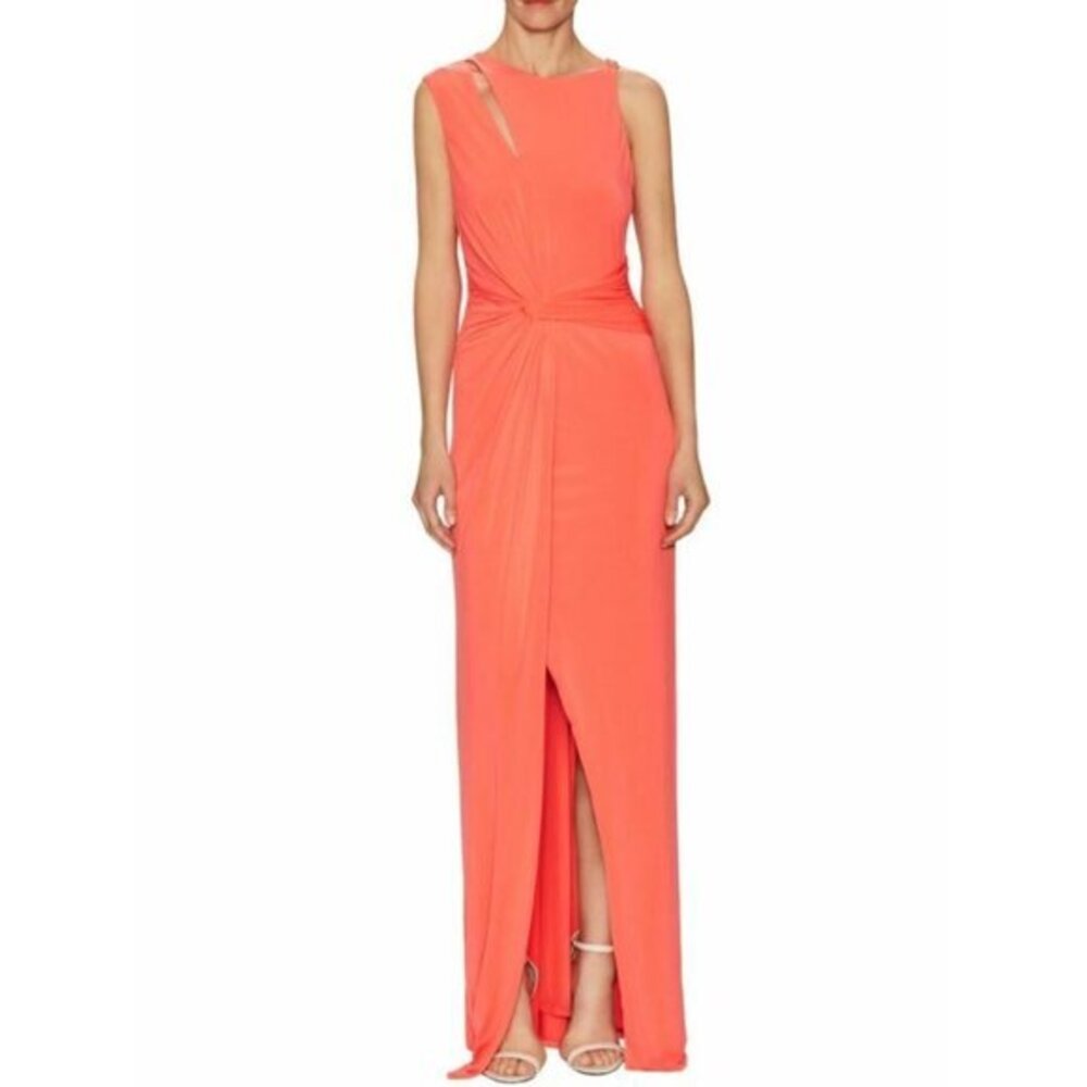 Halston Heritage Long Dress Orange Jersey Front Twist Faux Wrap SZ 0 NEW